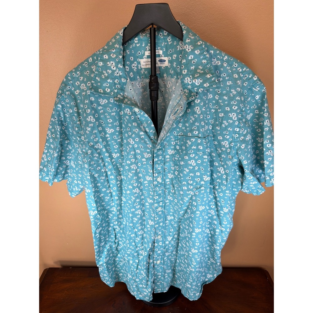 Old Navy Mens XXL Slim Fit Short Sleeve‎ Button Up Shirt Teal Blue Floral Print